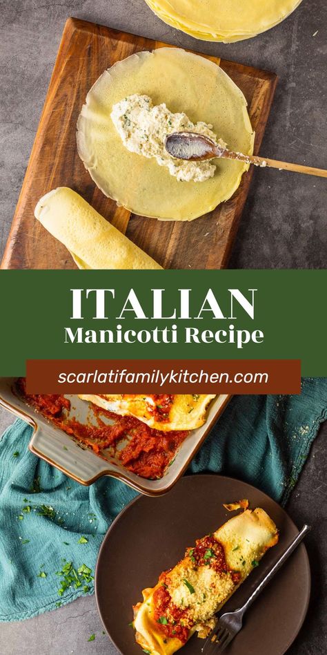 This authentic homemade Italian manicotti recipe is one of the best out there! With manicotti shells made from crepes and a rich ricotta cheese filling, this comforting pasta dish is perfect for Sunday dinner or the holiday season. Manicotti Shells Homemade, Crepe Manicotti Recipe, Manicotti With Ricotta Cheese, Homemade Manicotti Shells, Manicotti Shells Recipe, Manicotti Crepes Recipe, Authentic Italian Manicotti Recipe, Manicotti Filling, Manicotti Crepe Recipe