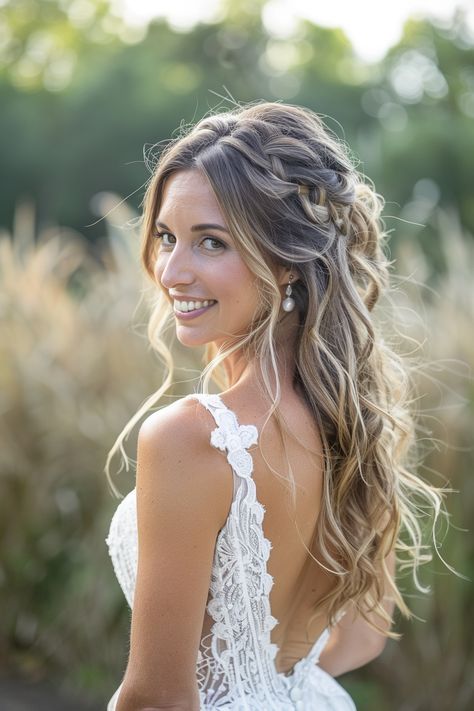 Pretty Boho Wedding Dresses, Simple Boho Hairstyles Wedding, Wedding Hair Boho Down, Bride Hairstyles With Hair Piece, Western Wedding Hairstyles For Long Hair, Bridal Hair With Haku Lei, Bride Hair Down Braid, Bridal Hair Rustic Wedding, Long Wavy Bridal Hairstyles