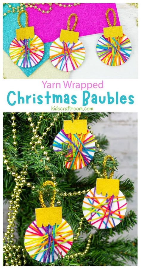 Yarn Wrapped Christmas Baubles, Ornaments For Kindergarteners To Make, Diy Christmas Ornaments Easy Paper, Yarn Wrapped Christmas Ornaments, Paper Christmas Decorations For Kids, Christmas Tree Ornaments Diy For Kids, December Arts And Crafts For Kids, Kindergarten Christmas Ornaments, Easy Xmas Crafts For Kids