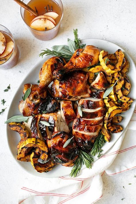 Cider Glazed Chicken, Apple Cider Chicken, Cider Chicken, Chicken Brine, Fall Grilling, Kabocha Squash Recipe, Apple Cider Glaze, Delicata Squash Recipe, Grilled Squash