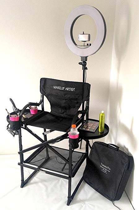 UNIQUE -TuscanyPRO Folding-Compact Makeup Artist Chair (29" SEAT HEIGHT) w/ 18″ LED Ring Light-CHAIR CARRY BAG INCLUDED-BEST COMBO DEAL IN THE INDUSTRY!!! Makeup Chair Ideas, Office Sanctuary, Makeup Artist Room, Makeup Chairs, Makeup Studio Ideas, Makeup Artist Tools, Makeup Artist Chair, Artist Chair, Makeup Studio Decor