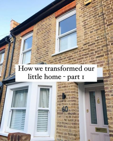 Imogen Stead | First-time renovator & DIY-er on Instagram: "Part 1 of our little home transformation - the front of the house and downstairs 🙌 here’s what we did: 
🤍  restored the front of the house by removing the pebbledash, repairing and repointing the bricks, restoring the bay window and taking down the porch, and replacing the windows
🤍 removed the downstairs bathroom and made the kitchen twice the size, completely renovating it
🤍 put up walls again around the living room as the whole ground floor had been open plan, and again completely renovated it
🤍 replaced the old staircase and built walls around that too to create a separate space for the stairs 
🤍 replaced the upvc front door with a solid timber door 

Part 2 will feature the upstairs and how we’ve gone from two rooms to 1960s House Renovation Uk, Open Plan Terraced House, House Transformation Before After, Open Plan Ground Floor, Small Terraced House, Old Staircase, Tiny Entryway, Upvc Front Door, Reminder To Myself