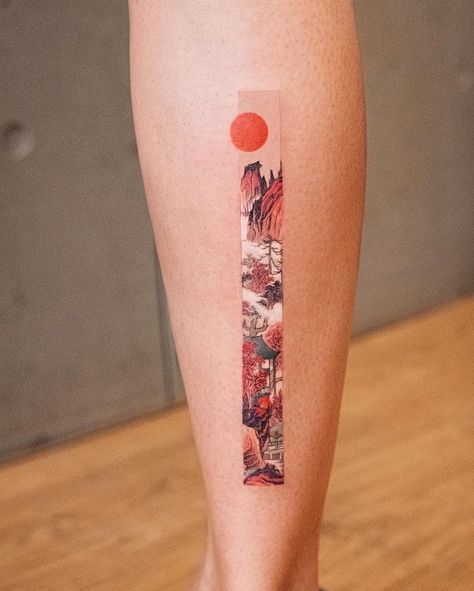 Rectangular Tattoos Contain Delicate Paintings Inspired by Chinese Art Traditional Chinese Tattoo, New Traditional Tattoo, Blue Ink Tattoos, Wave Tattoo Design, 16 Tattoo, Framed Tattoo, Korean Tattoos, Chinese Tattoo, Delicate Tattoo