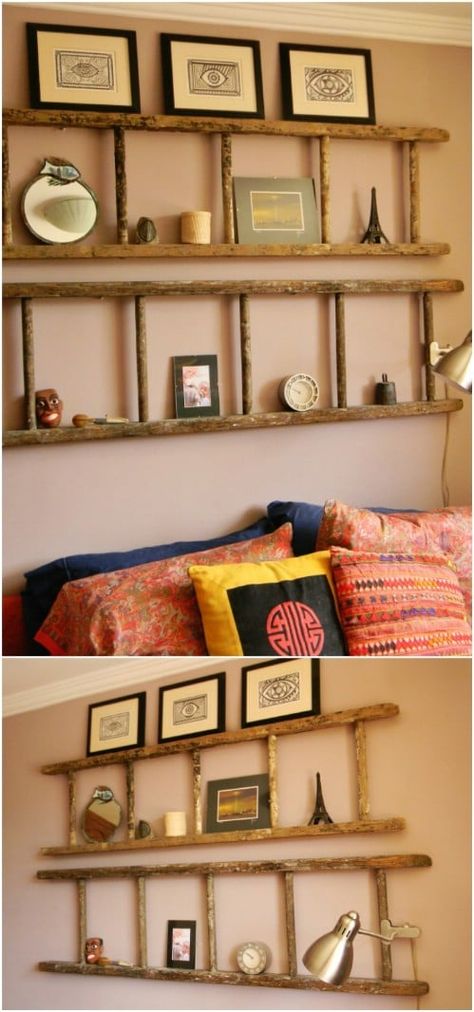 40 Wooden Ladder Repurposing Ideas That Add Farmhouse Charm To Your Home {With Tutorial Links} Wooden Ladder Ideas, Old Ladder Decor, Old Ladder Ideas, Wooden Ladder Decor, Rustic Headboard Diy, Old Wood Ladder, Repurposed Ladders, Old Wooden Ladders, Branches Decor