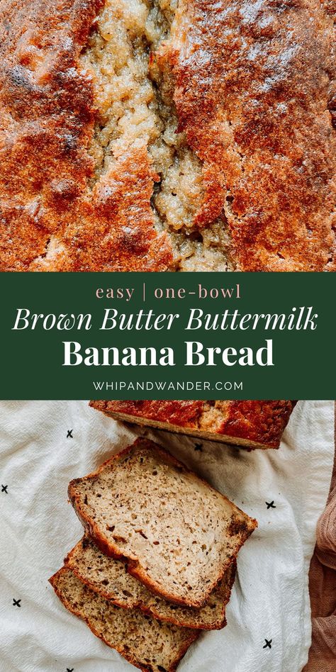 This Brown Butter Buttermilk Banana Bread is the best way to rescue those spotty brown bananas sitting on your counter. It levels up from basic banana bread with a swirl of nutty brown butter, a tangy measure of both buttermilk and Greek yogurt, and a sprinkle of cinnamon and nutmeg. This recipe is also super adaptable, welcoming a handful of roughly chopped chocolate and/or your favorite nuts with ease. Banana Bread Brownies With Brown Butter, Banana Bread Recipe Brown Butter, Banana Bread Buttermilk, Brown Butter Banana Nut Bread, Warm Recipes, Brown Butter Banana Bread, Sweet Brunch Recipes, Gluten Free Brunch Recipes, Buttermilk Banana Bread