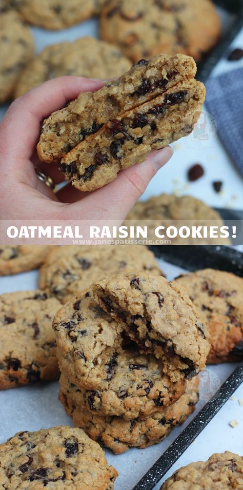 Delicious soft, chewy and epic Oatmeal Raisin Cookies! Jane Patisserie, Oat And Raisin Cookies, Large Cookies, Janes Patisserie, Cookie Recipes Oatmeal Raisin, Oatmeal Raisin Cookies Chewy, Cookies Chewy, Biscuits And Cookies, Oatmeal Cookies Chewy