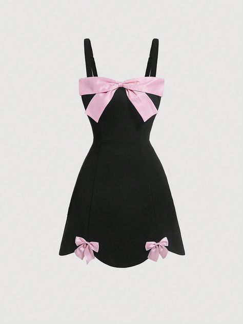 SHEIN MOD Women's Cute Black Dress With Large Color-Block Bow And Asymmetrical Hem,Pink Bow Front Curved Hem Black Dress,Kentucky Derby DressI discovered amazing products on SHEIN.com, come check them out! Black Dress With Pink Bow, Black Pink Dress Outfit, Black And Pink Dresses, Black Kids Dress, Black And Pink Outfit, Pink And Black Outfit, Kentucky Derby Dress, Housewife Dress, Pink And Black Dress