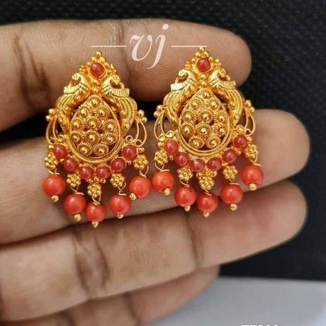 Coral Gold Earrings, Pagadala Earrings, Coral Beads Jewellery Indian Gold, Coral And Pearl Jewellery, Pagadam Ear Studs, Coral Studs In Gold, Coral Earrings Gold Indian, Coral Earrings Gold, Coral Jewelry Vintage