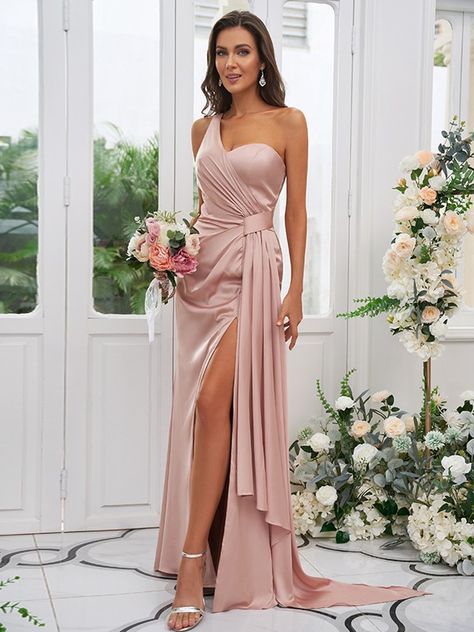 Sheath/Column Ruched One-Shoulder Sleeveless Floor-Length Bridesmaid Dresses One Shoulder Bridesmaid Dress, One Shoulder Bridesmaid Dresses, One Shoulder Bridesmaid, Dress With Split, Maxi Bridesmaid Dresses, Long Bridesmaid Dress, Satin Bridesmaid Dresses, Chiffon Bridesmaid, Homecoming Dress