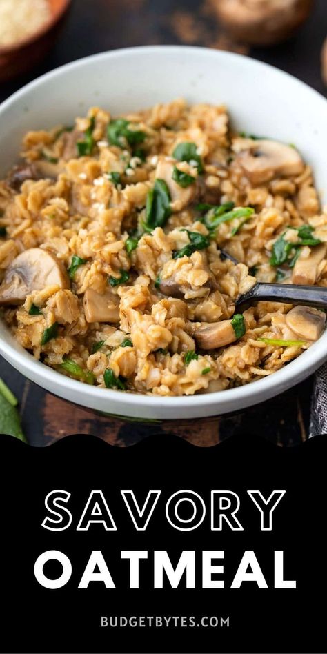 Savory oatmeal is a delicious, hearty, and inexpensive meal that can be customized to use ingredients you have on hand. BudgetBytes.com Oatmeal Savory, Savoury Oats, Oatmeal Dinner, Savory Oatmeal Recipes, Savory Oats, Budget Breakfast, Savory Oatmeal, Budget Bytes, Egg Free Recipes