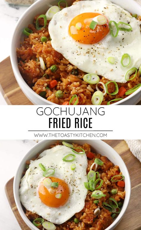 Gochujang fried rice recipe by The Toasty Kitchen. Gochujang fried rice is a simple weeknight meal to make with leftover cooked rice and veggies. This Korean fried rice dish is seasoned with a spicy gochujang sauce and topped with a sunny-side-up egg. #gochujangfriedrice #friedrice #weeknightmeals #comfortfood #simplemeals Korean Hamburger And Rice, Lunch Recipes Korean, Bulgogi Fried Rice Recipe, Healthy Rice Lunch, Hayashi Rice Japanese Style, Kim Chee Fried Rice Hawaii, Healthy Gochujang Recipes, Leftover Fried Rice Recipes, Spicy Chicken Fried Rice