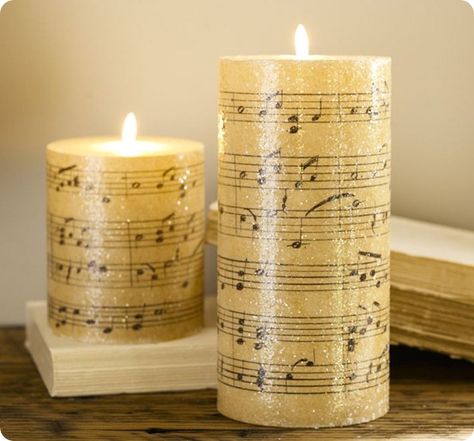 These candles were made from sheet music printed on tissue paper & heated w/a heat gun (you can also use wax paper & a hairdryer). So many possibilities!! Printing On Tissue Paper, Sheet Music Crafts, Music Candle, Holiday Decor Thanksgiving, Music Crafts, Modern Outdoor Furniture, Musical Notes, Candles Crafts, Wood Crates