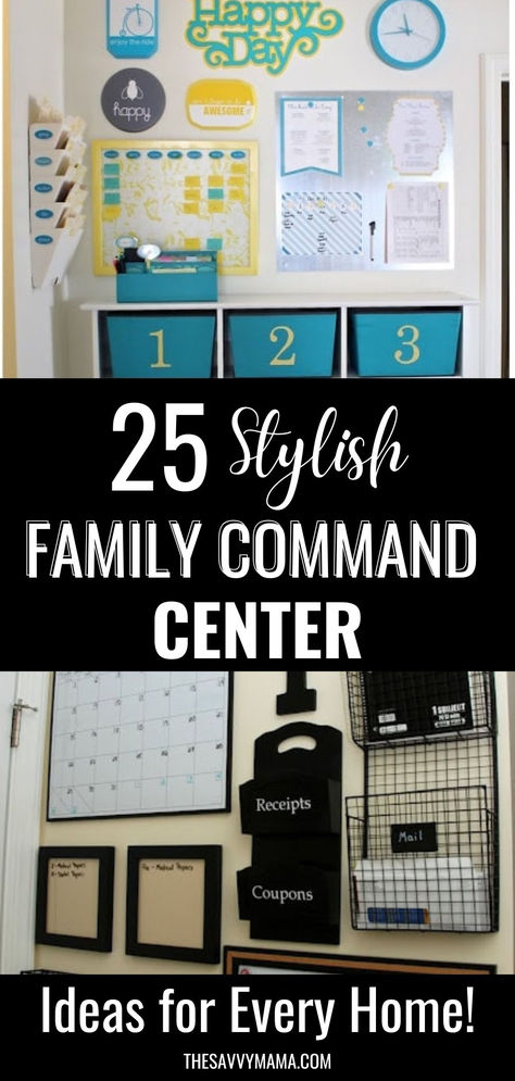 The image shows two organized family command centers. One has teal and yellow accents with labeled bins and a calendar, while the other features a minimalist design with black wire baskets, a calendar, and sections for sorting mail and documents. Diy Command Center Ideas, Small Command Center Ideas, Mini Command Center, Mail Station Ideas, Family Command Center Ideas, Kitchen Command Center, Command Center Ideas, Family Command Center Wall Minimalist, Kitchen Command Center Wall