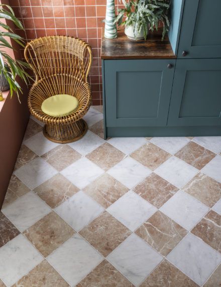 Ways to Lay: 5 Unique Tile Laying Patterns | Mandarin Stone Limestone And Marble Floor, Rosso Marble Bathroom, Floor Tiles For Small Kitchen, Tudor Tile Floor, Mandarin Stone Tiles, Checkered Hexagon Tile, Tile For Sunroom, Unique Kitchen Tile Floor, Chequerboard Floor Kitchen