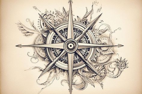 25 Epic Tattoo Ideas For Men That Scream Masculinity Tattoo Compass Rose, Compass And Flowers Tattoo Design, Rose Des Vents Tattoo, Compass Nature Tattoo, Wind Rose Tattoo, Kraken Tattoo, Compass Rose Tattoo, Stag Tattoo, Anatomical Heart Tattoo