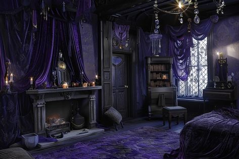 A room with a purple bed and a purple curtain that says  the name of the room | Premium AI-generated image Purple Gothic Bedroom, Dark Academia Dorm Room, Vampire Room, Purple Curtain, Gothic Victorian House, Witch Bedrooms, Purple Bed, Victorian Rooms, Royal Room