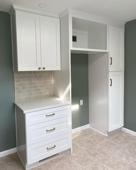 Refrigerator In Pantry Room, Deep Cabinet Above Fridge, Fridge Cabinet Surround Corner, Cabinet On Top Of Fridge, Fridge Framing Cabinets, Fridge Pantry Cabinet, Fridge Centered On Wall, Built Around Fridge, Boxed In Fridge