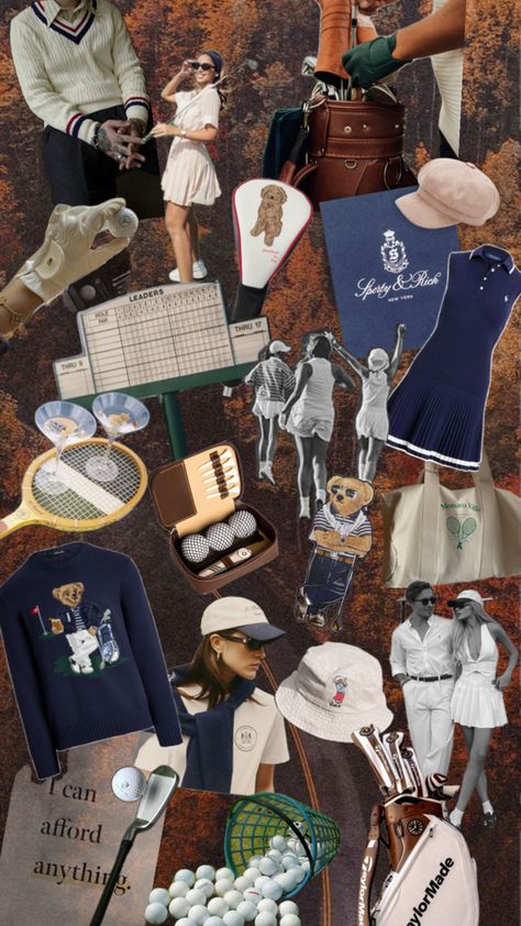 Golf, tennis, girl, aestetic, old rich vibes, sport rich, polo, ralph lauren, tennis outfit, golf outfit, golf balls, polo bear, rich men, sporty rich girl Old Money Golf Aesthetic, Sporty & Rich, Ralph Lauren Tennis, Rich Vibes, Outfit Golf, Tennis Girl, Tennis Outfits, Tennis Outfit, Vintage Golf