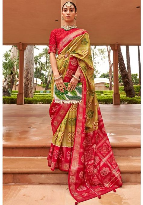 Mustard Green Embellished Patola Silk Saree Patola Silk Saree, Patola Saree, Salwar Dress, Dress Salwar Kameez, Lehenga Choli Online, Lehenga Collection, Wedding Saree Indian, Trendy Sarees, Party Wear Indian Dresses