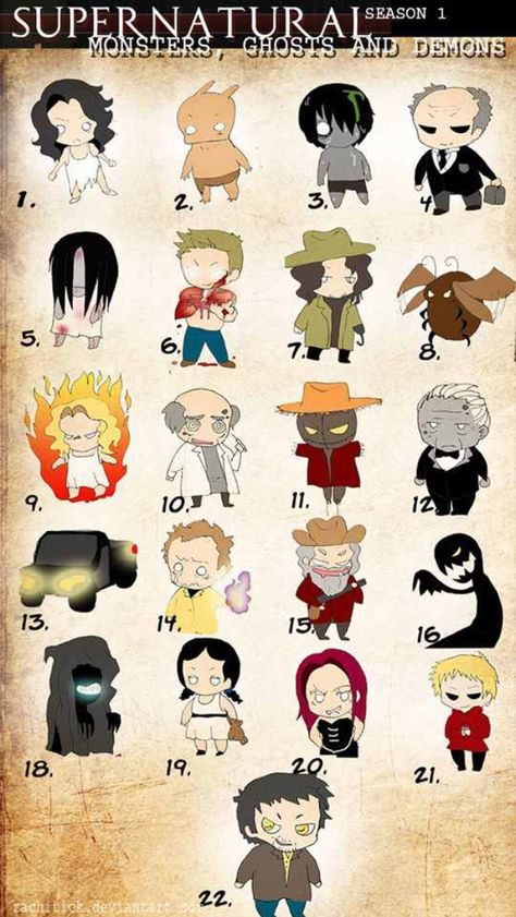 Super cute villains from Supernatural Season 1 Yellow Eyed Demon, Supernatural Monsters, The Poltergeist, Human Meat, Unfaithful Men, Supernatural Cartoon, Impala 67, Supernatural Drawings, Human Sacrifice