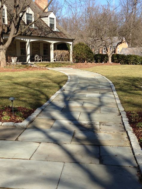 Bluestone walkway with Belgian block edge Belgian Block Edging, Bluestone Walkway To Front Door, Cobblestone Border, Walkway Edging, Cottage Front Garden, Exterior Refresh, Bluestone Walkway, Tudor House Exterior, Barn Exterior