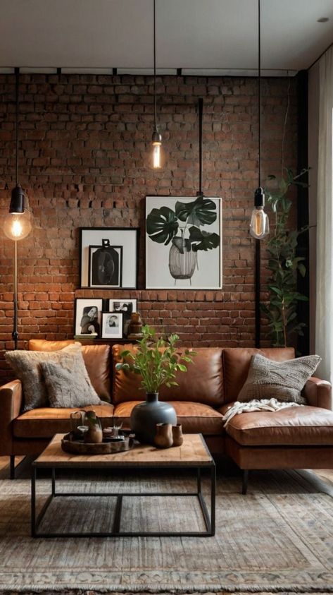 Brick Wall Living Room, Industrial Decor Living Room, Brick Living Room, Masculine Living Rooms, Brick Room, Brick Interior, Industrial Livingroom, Industrial Interior Design, Brick Walls