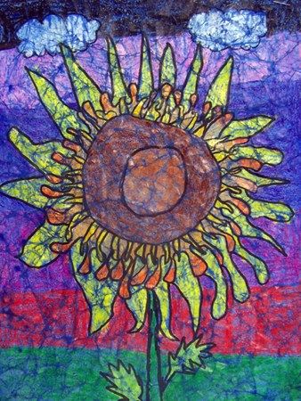 3rd gr. students observed and drew sunflowers in a composition that filled the space of their paper. Then, they applied layers of crayon, coloring heavily and blending colors. After wrinkling their paper to crack the wax, they applied paint and then rinsed it off to create a batik-like effect. Beautiful! Crayon Batik, Crayon Coloring, 3rd Grade Art Lesson, Sunflower Paper, Third Grade Art, Blending Colors, Fall Art Projects, 4th Grade Art, 3rd Grade Art