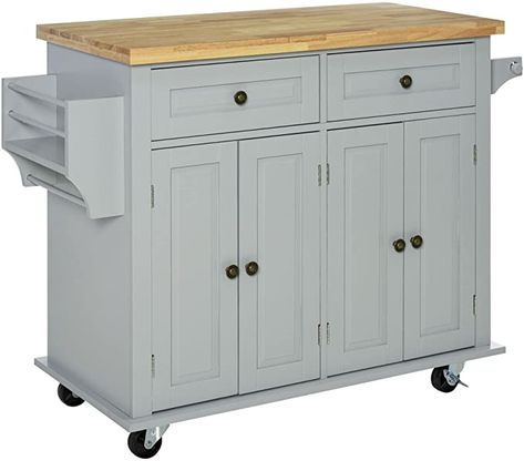 Amazon.com - HOMCOM Rolling Kitchen Island Cart with Rubber Wood Top, Spice Rack, Towel Rack & Drawers for Dining Room, Grey - Kitchen Islands & Carts Island On Wheels, Kitchen Island Trolley, Kitchen Island Storage, Island Storage, Rolling Kitchen Cart, Kitchen Island On Wheels, Rolling Kitchen Island, Small Kitchen Island, Kitchen Island Cart