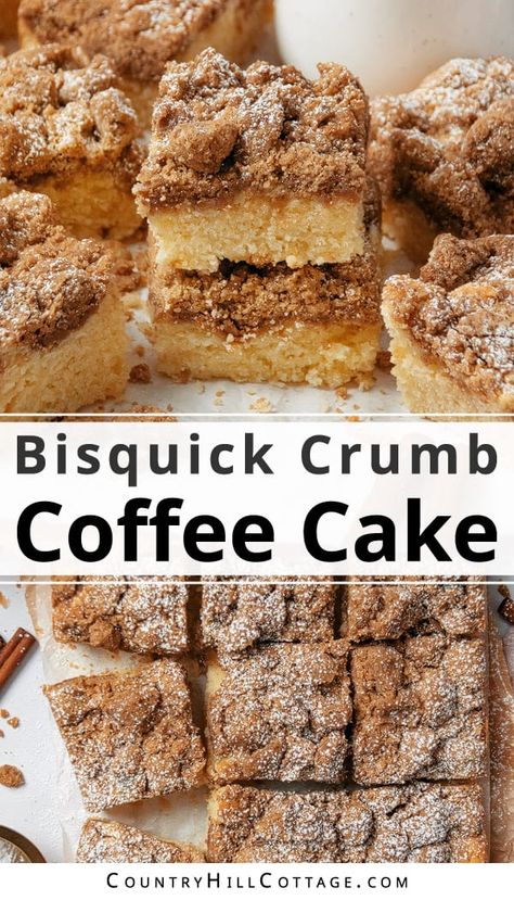 This moist Bisquick coffee cake is a quick and easy recipe you can put together in a pinch. Made with Bisquick baking mix, brown sugar, and butter, it takes just 20 minutes and 7 pantry staple ingredients to prepare this simple, soft and fluffy coffee crumb cake. You can whip it up whenever you’re in the mood for homemade cake. The Bisquick cinnamon streusel cake is perfect for breakfast, brunch and teatime, bring to a bake sale, but could also double as dessert. | CountryHillCottage.com Bisquick Sour Cream Coffee Cake, Bisquick Coffee Cake Recipe Sour Cream, Bisquick Cinnamon Coffee Cake, Sour Cream Baking Recipes, Bisquick Coffee Cake, Bisquick Coffee Cake Recipe, Bisquick Breakfast, Bisquick Mix Recipe, Wild Recipes