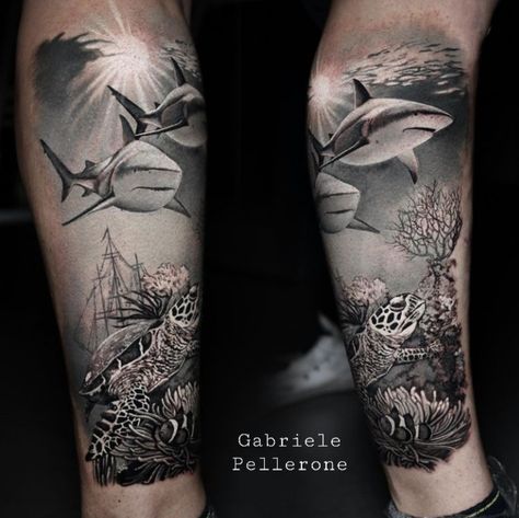 Underwater Theme Sleeve Tattoo, Hammerhead Shark Tattoo With Flowers, Underwater Forearm Tattoo, Realistic Underwater Tattoos, Ocean Life Sleeve Tattoo, Underwater Leg Tattoo, Seascape Tattoo Sleeve, Black And Grey Underwater Tattoo, Ocean Realism Tattoo