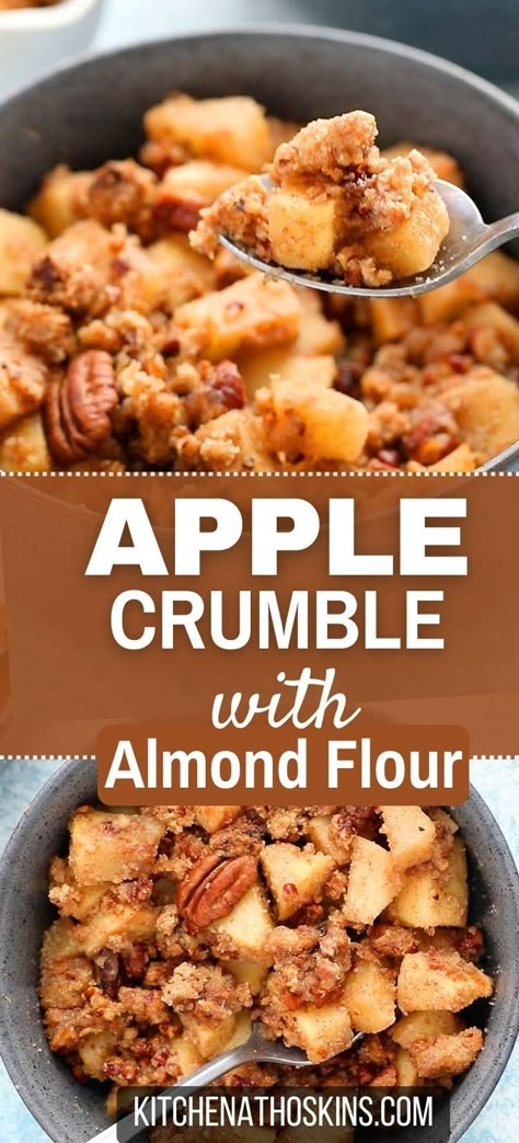 Learn how to make healthy apple crumble recipe with almond flour, that's gluten free, vegan and dairy free. This healthy apple recipe is perfect for fall season when you are looking for new ways to bake with apples. Get the gluten free apple crumble recipe at kitchenathoskins.com. Baking With Apples Healthy, Apple Recipes Gluten Free Easy, Healthy Gluten Free Apple Recipes, Almond Flour Apple Recipes, Apple Recipes For Diabetics, Whole30 Apple Dessert, Recipes With Apples Easy, Keto Apple Cobbler, Whole 30 Apple Recipes