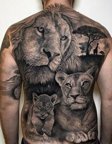 Tattoo Lioness, Lioness Tattoo Ideas, Lions Tattoo, Lion Cub Tattoo, African Sleeve Tattoo, Lion Back Tattoo, Lion Shoulder Tattoo, Family Tattoos For Men, Sketches Tattoo