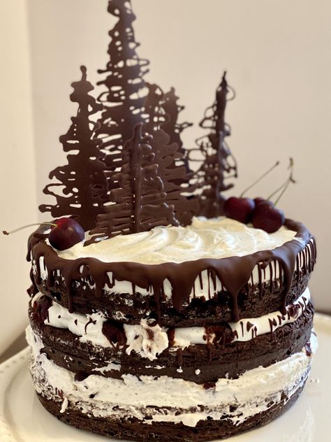 First Black Forest Cake! Next time Ill skip the drip and make more trees Cake Designs Black, Black Forest Cake Design, Forest Cake Design, Black Forest Cake Decoration, Best Birthday Cake Designs, England Cake, Forest Images, Birthday Cake Designs, Cake Liner