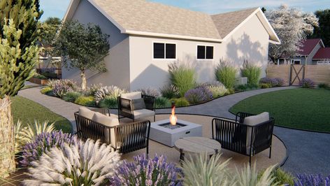 Our California Casual Backyard Inspiration Backyard Landscape Plans, French Doors With Windows, Furniture With Fireplace, Paint French Doors, French Doors Black, Painted French Doors, Painting Windows, Dream Garden Backyards, Lawn Ideas