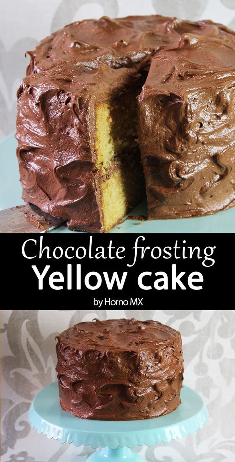 Homemade Yellow Cake With Chocolate Frosting, Yellow Cake Chocolate Frosting, Homemade Chocolate Icing, Yellow Frosting, Yellow Birthday Cake, Dessert Corner, Yellow Cake With Chocolate Frosting, Chocolate Cake Icing, Chocolate Icing Recipes