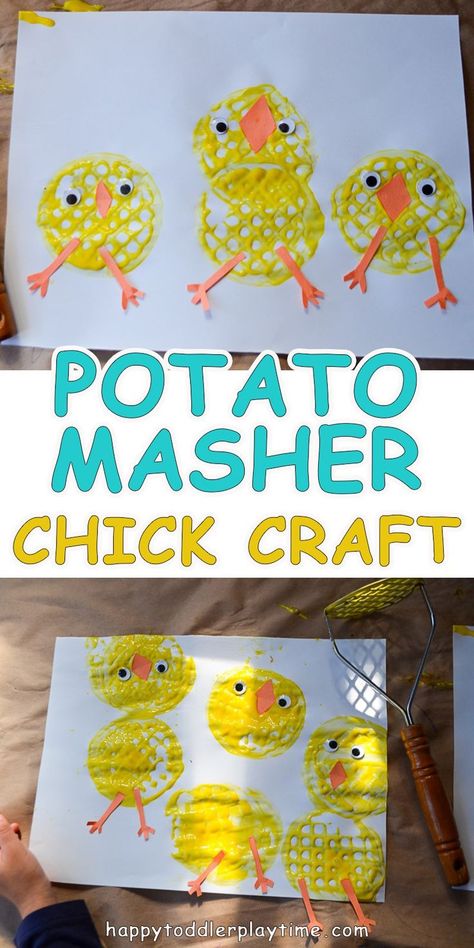 Potato Masher Chick Craft – HAPPY TODDLER PLAYTIME Easter Activities For Toddlers, Chick Craft, Easter Chick Craft, Easter Craft Activities, Craft Activities For Toddlers, Teacher Crafts, Easter Crafts For Toddlers, April Crafts, Fun Easter Crafts