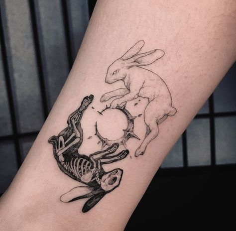 Bunny Skeleton, Esoteric Tattoo, Geometric Tattoo Hand, Yin Yang Tattoo, Twin Tattoos, Earth Tattoo, Rabbit Tattoo, Yang Tattoo, Bunny Tattoos