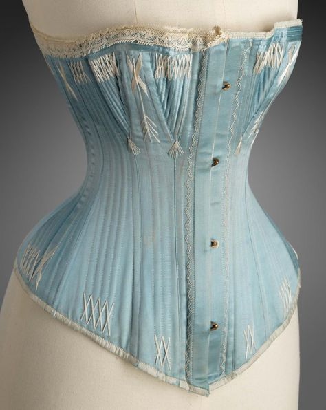 1870-1885, America - Corset - silk with metal boning, embroidered Fashion History Timeline, Edwardian Corsets, 1870s Fashion, 1880s Fashion, Victorian Corset, Museum Of Fine Arts Boston, Corset Pattern, Blue Corset, 19th Century Fashion