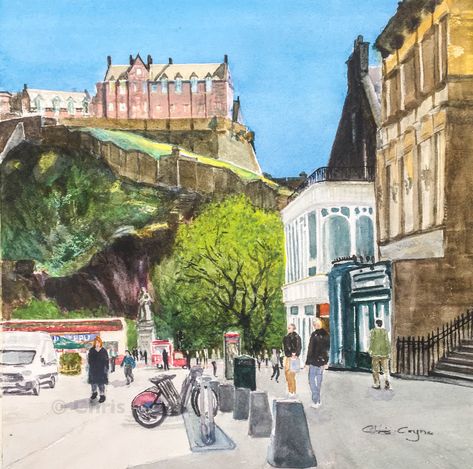 View of Edinburgh castle from Castle Street. Edinburgh Drawing, Oxford London, Edinburgh Painting, Edinburgh Skyline Drawing, Edinburgh Castle Illustration, Edinburgh Art Prints, Travel Collage, Support Local Artists, Castle In The Sky