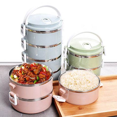 1/2/3 Layers Stainless Steel Thermal Insulated Lunch Box Bento Food Storage Container Lunch Box Cheap - NewChic Mobile Kotak Bento, Bento Food, Stainless Steel Bento Box, Lunch Box Bento, Lunch Box Containers, Steel Lunch Box, Stainless Steel Lunch Box, Bento Recipes, Food Storage Container