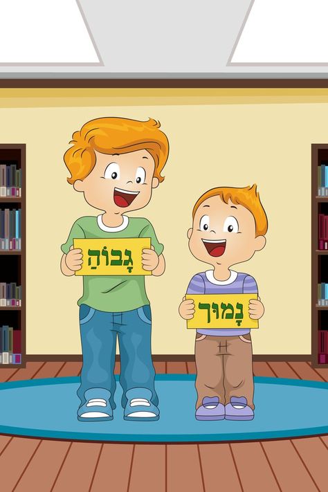 Hebrew Word: tall Pronounciation:"gah-vo-ah" Hebrew Word: short Pronounciation:"nee--moh" Check out more free Hebrew resources by following the link! Tall And Short, Hebrew Alphabet, Reading Practice, Alphabet, Reading