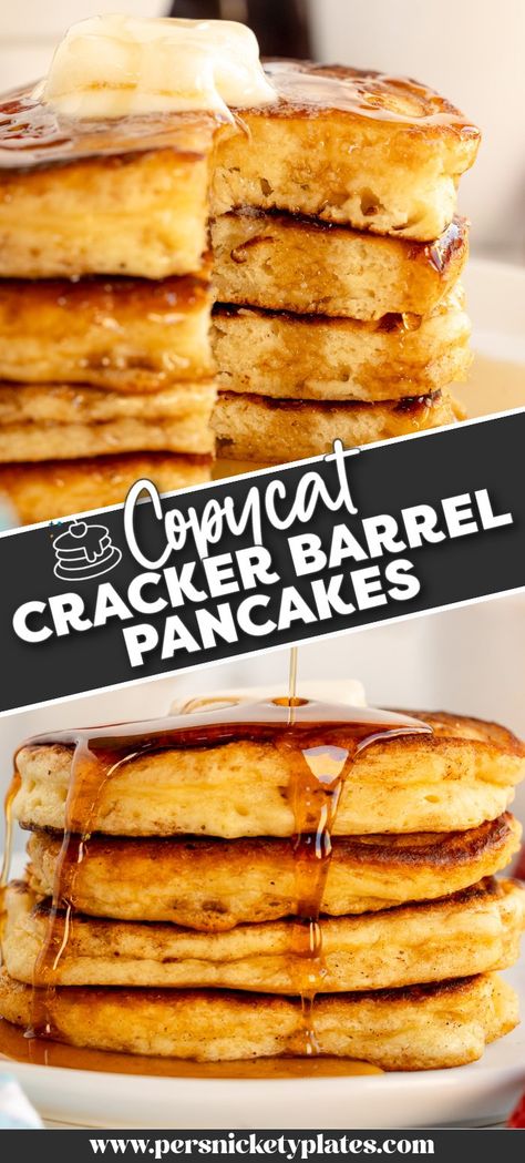 Whip up a stack of these Cracker Barrel pancakes dripping in melted butter and syrup in just 30 minutes. Tender, fluffy buttermilk pancakes with buttery, crisp edges are better served at home! | www.persnicketyplates.com Traditional Pancake Recipe, Pecan Pancakes Cracker Barrel, Peanut Butter And Jelly Pancakes, Diner Style Pancakes, Cracker Barrel Pancakes Copycat, Honey Butter Pancakes, Cracker Barrel Pancake Recipe, Copycat Cracker Barrel Pancakes, Cracker Barrel Copycat