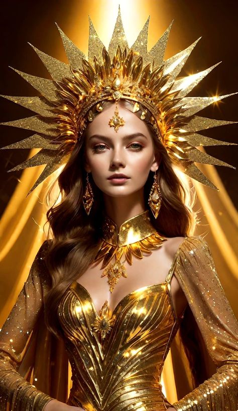 Sun Costume Women Dress, Sun Queen Costume, Goddess Of Sun Costume, Easy Goddess Costume, Sun Fairy Costume, Sun Goddess Outfit, Hera Goddess Aesthetic, Gold Goddess Costume, Atla Fashion