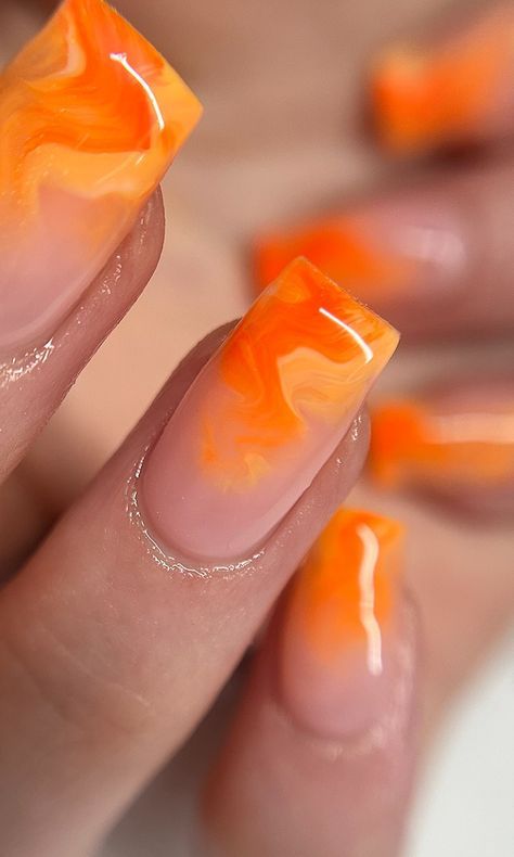 Orange Marble Nail Designs, Subtle Orange Nails, Orange Marble Nails Acrylic, Orange Nail Ideas Acrylic, Nails Orange Design, Orange And Yellow Nail Designs, Ombre Nails Orange, Gel Nails Orange, Orange Marble Nails