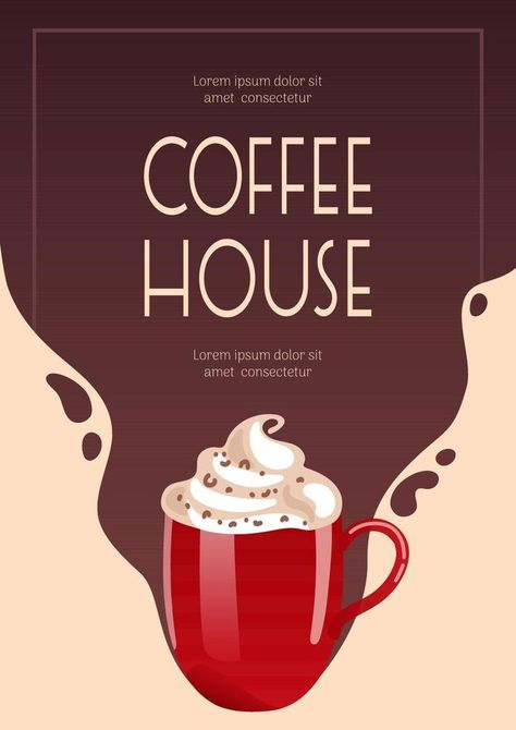 Latte, Hot chocolate or coffee, cocoa and whipped cream in a red mug. Banner for coffee shop, cafe bar, barista. Vector illustration for poster, banner, flyer, advertising, publicity, promo, menu Hot Chocolate Advertising, Coffee Poster Ideas, Hot Chocolate Graphic Design, Coffee Poster Design Graphics, Hot Chocolate Poster Design, Coffee Shop Poster Design Ideas, Coffee Poster Design Illustration, Cafe Offer Poster, Coffee Bar Logo