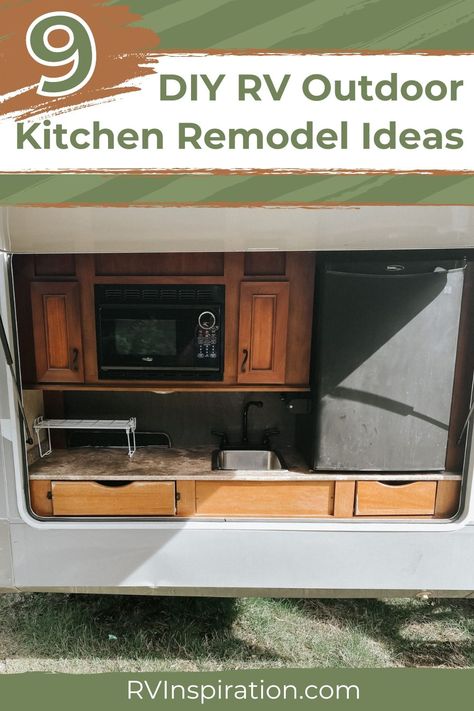 Did your motorhome or travel trailer come with a stock RV outdoor kitchen? Whether you just want to make it more functional and stylish or transform it into a completely new space, we have some great ideas to inspire your DIY RV outdoor kitchen renovation! #rvkitchen #rvremodel #rvrenovation Rv Outdoor Kitchen Ideas Diy, Camper Outdoor Kitchen Remodel, Rv Outdoor Kitchen Remodel, Outdoor Camper Kitchen, Outdoor Rv Kitchen, Rv Outdoor Kitchen Ideas, Camper Outdoor Kitchen, Outdoor Kitchen Remodel, Rv Outdoor Kitchen