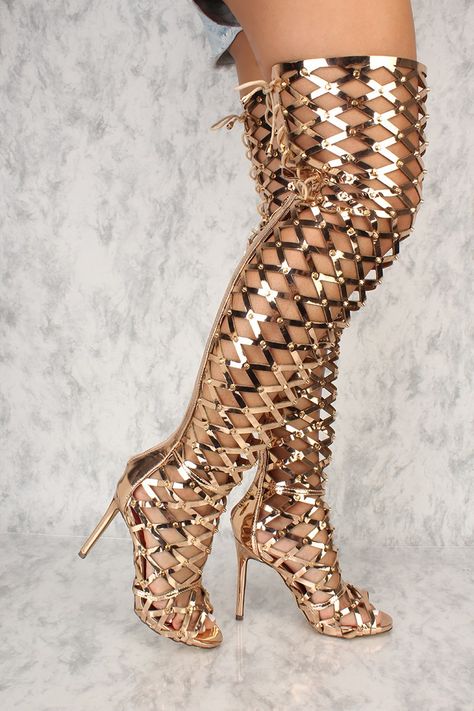 Sexy Rose Gold Caged Open Toe Single Sole Thigh High Heels Boots Thigh High, Thigh High Heels, High Quality Boots, Thigh High Boots Heels, Prom Heels, High Shoes, Prom Shoes, Winter Boots Women, Thigh High Boots