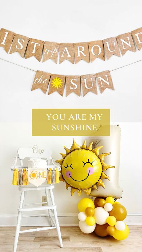 Brighten up your celebration with sunshine and smiles! ☀️ Our Sunshine 1st Birthday party theme is guaranteed to add a ray of joy to your little one's special day. From radiant balloons to cheerful banners, celebrate their first trip around the sun in style!      #SunshineParty #SunBalloons #YellowParty #FirstTripAroundtheSun First Trip Around The Sun Birthday Photoshoot, 1st Trip Around The Sun Birthday Cake Smash, Son Shine Birthday Theme, Sunshine Theme First Birthday Party, 1st Birthday Sunshine Theme, First Trip Around The Sun Birthday, Sun Birthday Party Theme, First Trip Around The Sun Birthday Party, Sun Themed Birthday Party