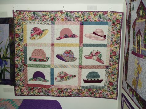 Claire's Hat quilt - pattern - had fun embellishing Hat Quilt Block Pattern, Dress Quilt Pattern, Brooch Display, Fun Quilts, Pattern Layout, Quilt Dress, Winter Pins, String Quilts, Paper Pieced Quilt