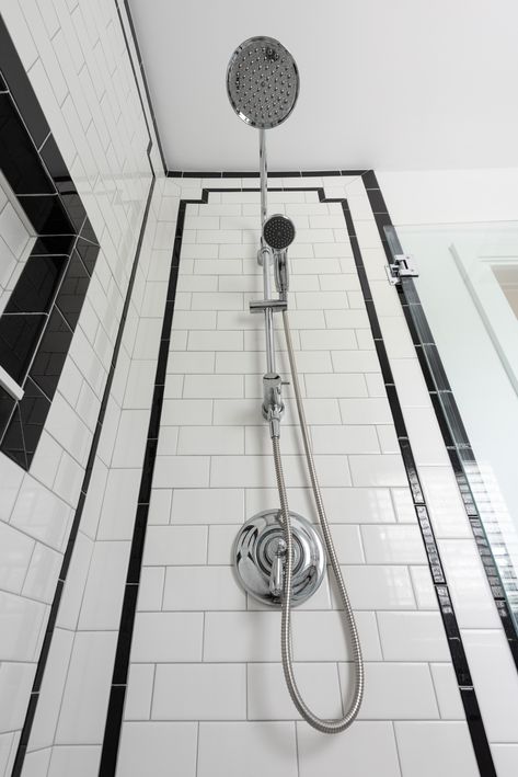 Black and White Art Deco Bathroom - Midcentury - Bathroom - Providence - by Cypress Design Co. | Houzz Black And White Art Deco, Art Deco Bathrooms, White Art Deco, Art Deco Bathroom, Deco Bathroom, Apt Ideas, Black And White Art, White Art, Bathrooms